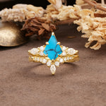 Vintage Milgrain Floral Kite Cut Turquoise Bridal ring set - Yellow-Gold