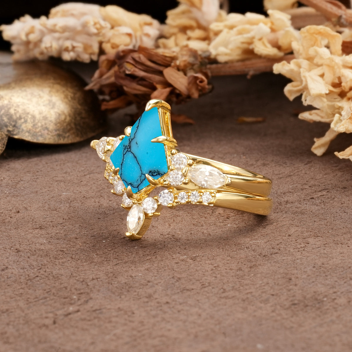 Vintage Milgrain Floral Kite Cut Turquoise Bridal ring set - Rose-Gold