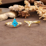 Vintage Milgrain Floral Kite Cut Turquoise Bridal ring set - White-Gold
