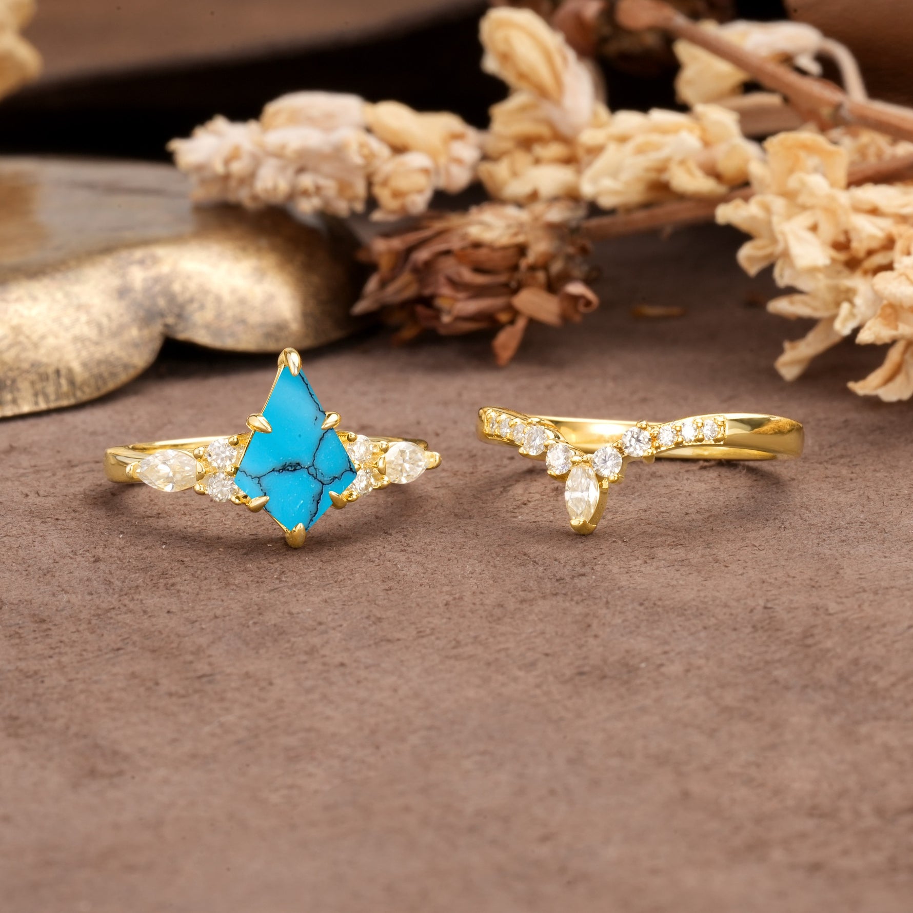 Vintage Milgrain Floral Kite Cut Turquoise Bridal ring set - White-Gold