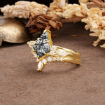 Vintage Milgrain Floral Kite Cut Black Rutilated Quartz Bridal ring set - Rose-Gold