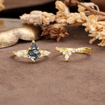 Vintage Milgrain Floral Kite Cut Black Rutilated Quartz Bridal ring set - White-Gold