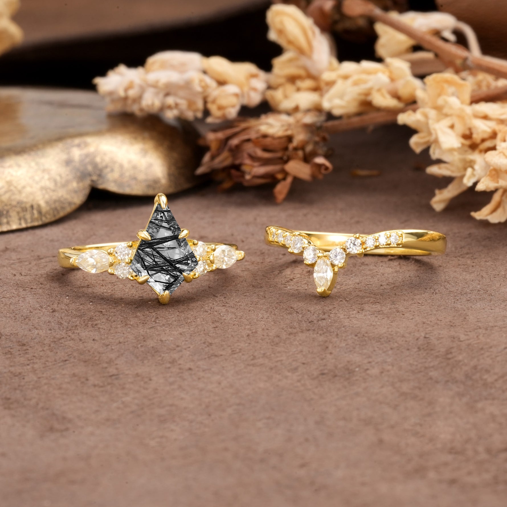 Vintage Milgrain Floral Kite Cut Black Rutilated Quartz Bridal ring set - White-Gold