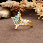 Vintage Milgrain Floral Kite Cut Moss Agate Bridal ring set - Rose-Gold