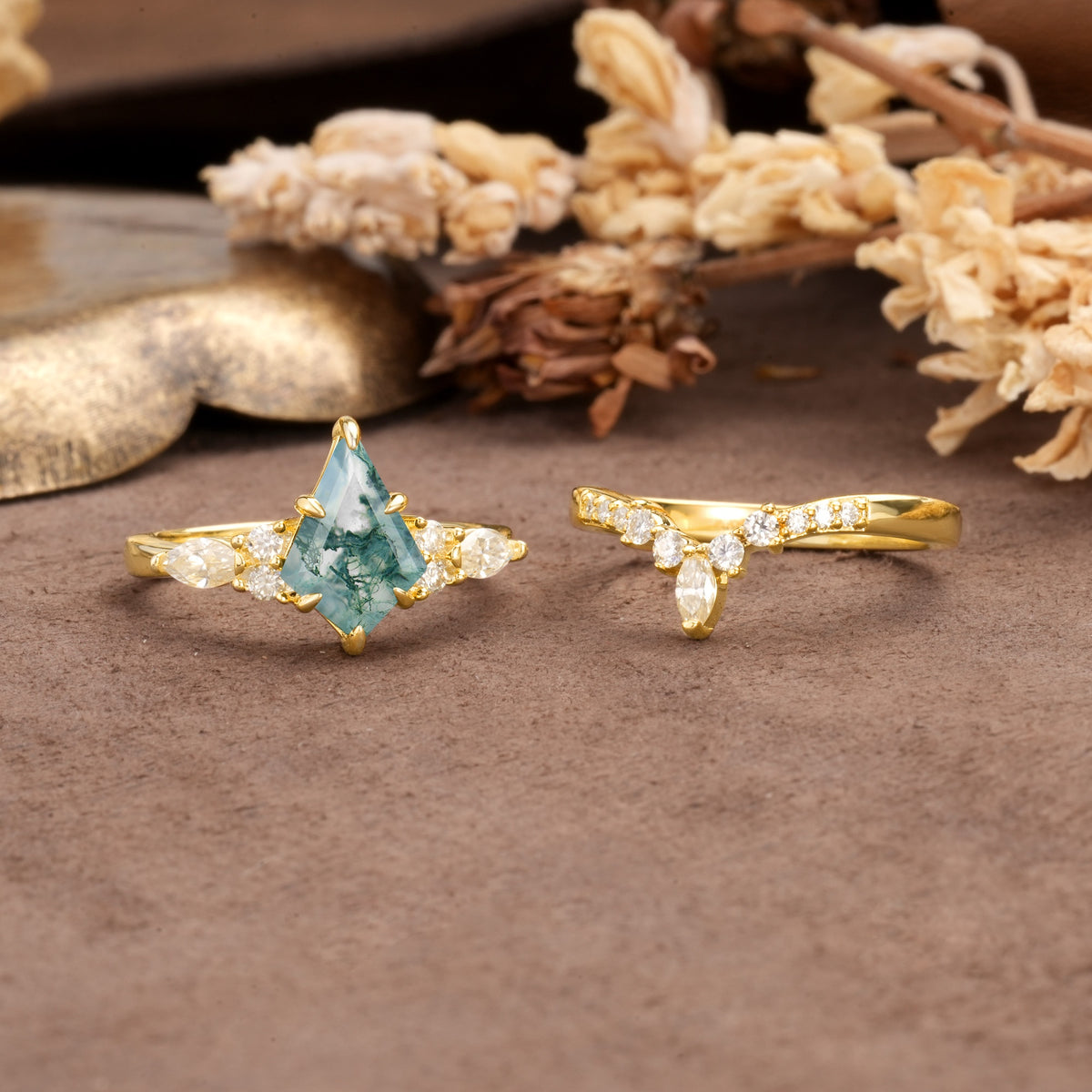 Vintage Milgrain Floral Kite Cut Moss Agate Bridal ring set - White-Gold
