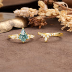 Vintage Milgrain Floral Kite Cut Moss Agate Bridal ring set - White-Gold