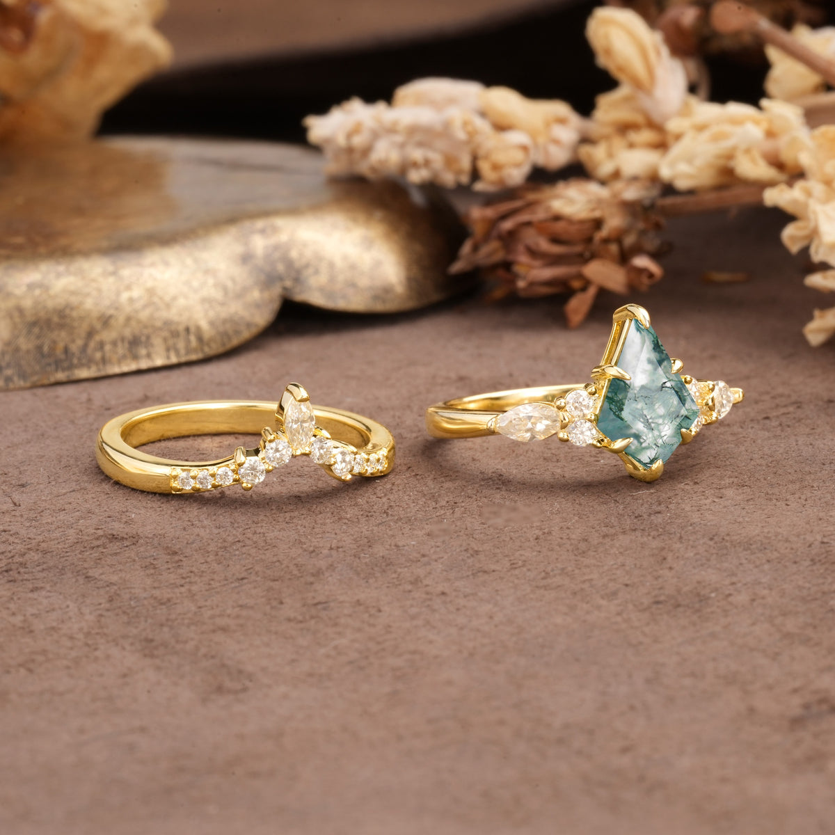 Vintage Milgrain Floral Kite Cut Moss Agate Bridal ring set - Additional view