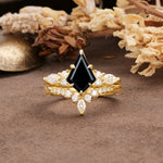 Vintage Milgrain Floral Kite Cut Black Onyx Bridal ring set - Yellow-Gold