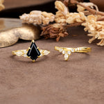 Vintage Milgrain Floral Kite Cut Black Onyx Bridal ring set - White-Gold