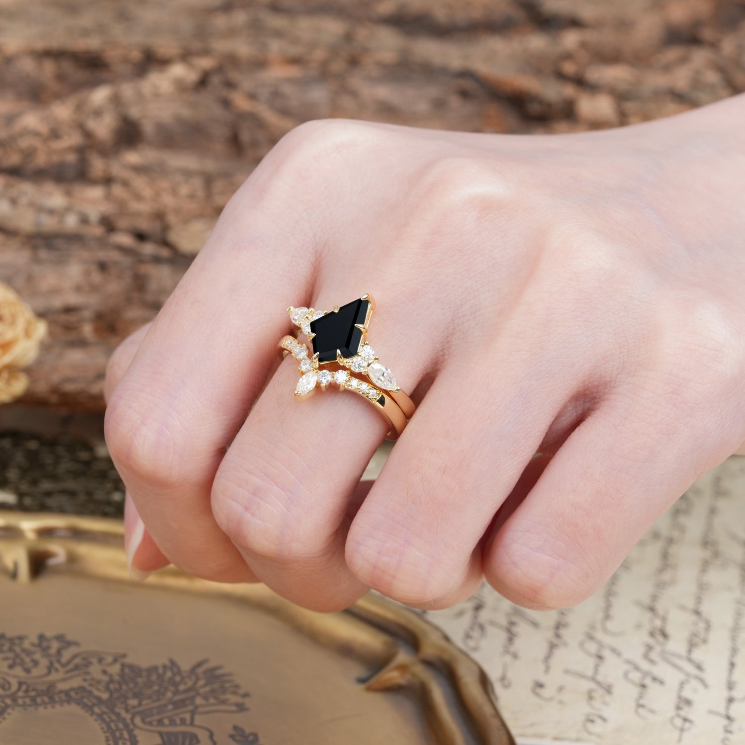 Vintage Milgrain Floral Kite Cut Black Onyx Bridal ring set