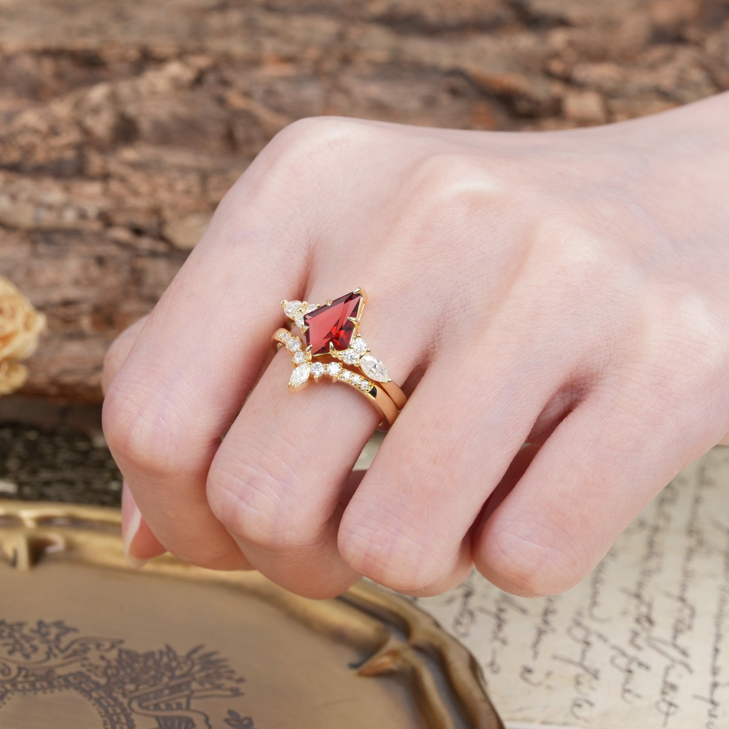 Vintage Milgrain Floral Kite Cut Garnet Bridal ring set