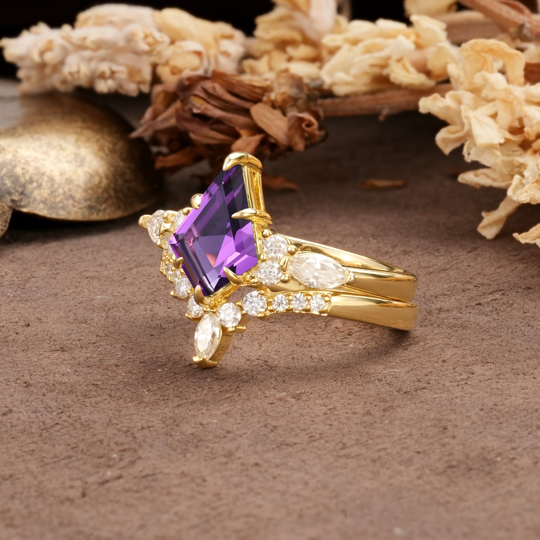 Vintage Milgrain Floral Kite Cut Amethyst Bridal ring set - Rose-Gold