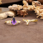 Vintage Milgrain Floral Kite Cut Amethyst Bridal ring set - White-Gold