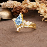 Vintage Milgrain Floral Kite Cut Aquamarine Bridal ring set - Rose-Gold