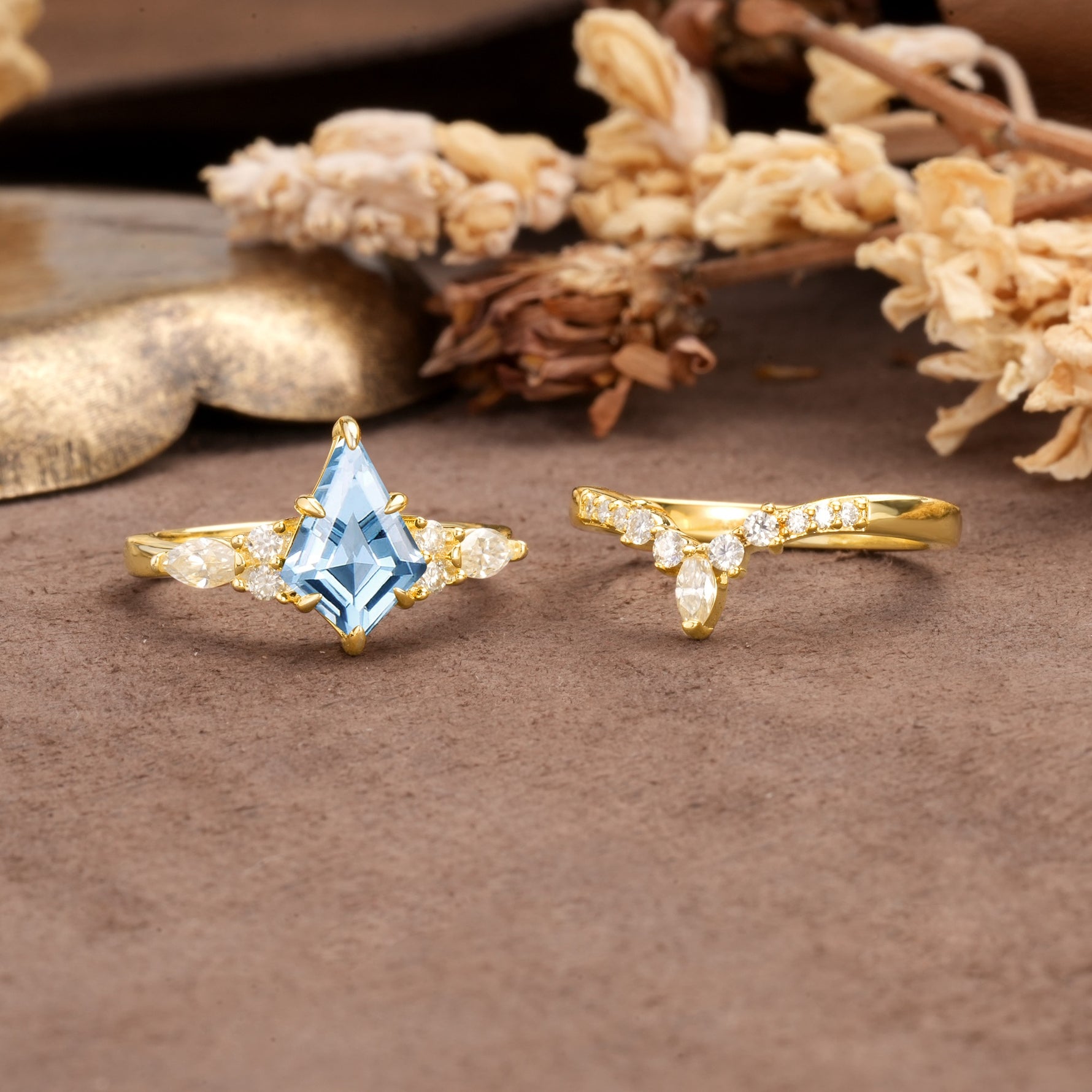 Vintage Milgrain Floral Kite Cut Aquamarine Bridal ring set - White-Gold