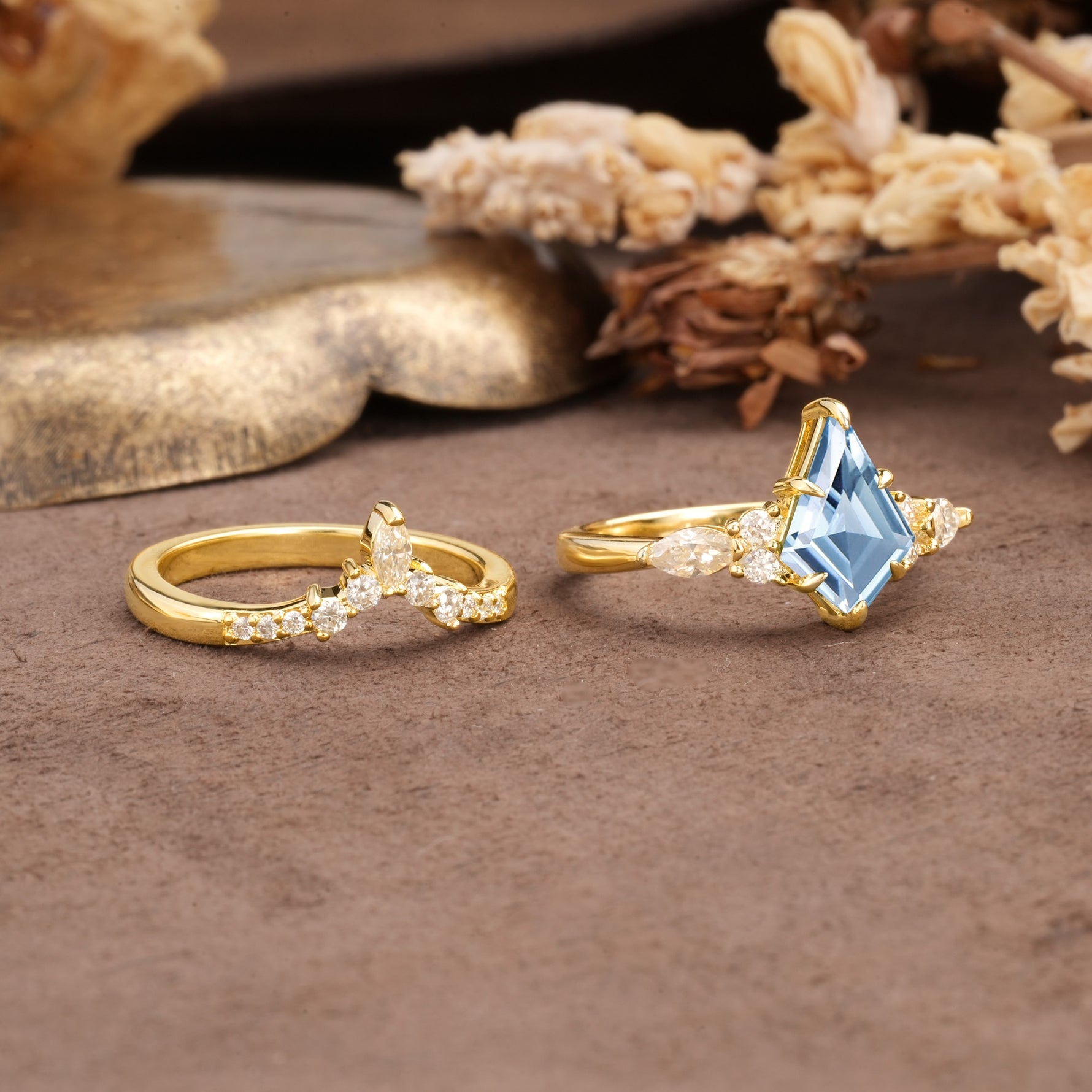 Vintage Milgrain Floral Kite Cut Aquamarine Bridal ring set - Additional view