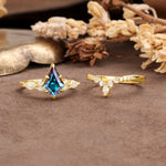 Vintage Milgrain Floral Kite Cut Alexandrite Bridal ring set - White-Gold