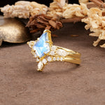 Vintage Milgrain Floral Kite Cut Moonstone Bridal ring set - Rose-Gold