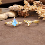 Vintage Milgrain Floral Kite Cut Moonstone Bridal ring set - White-Gold