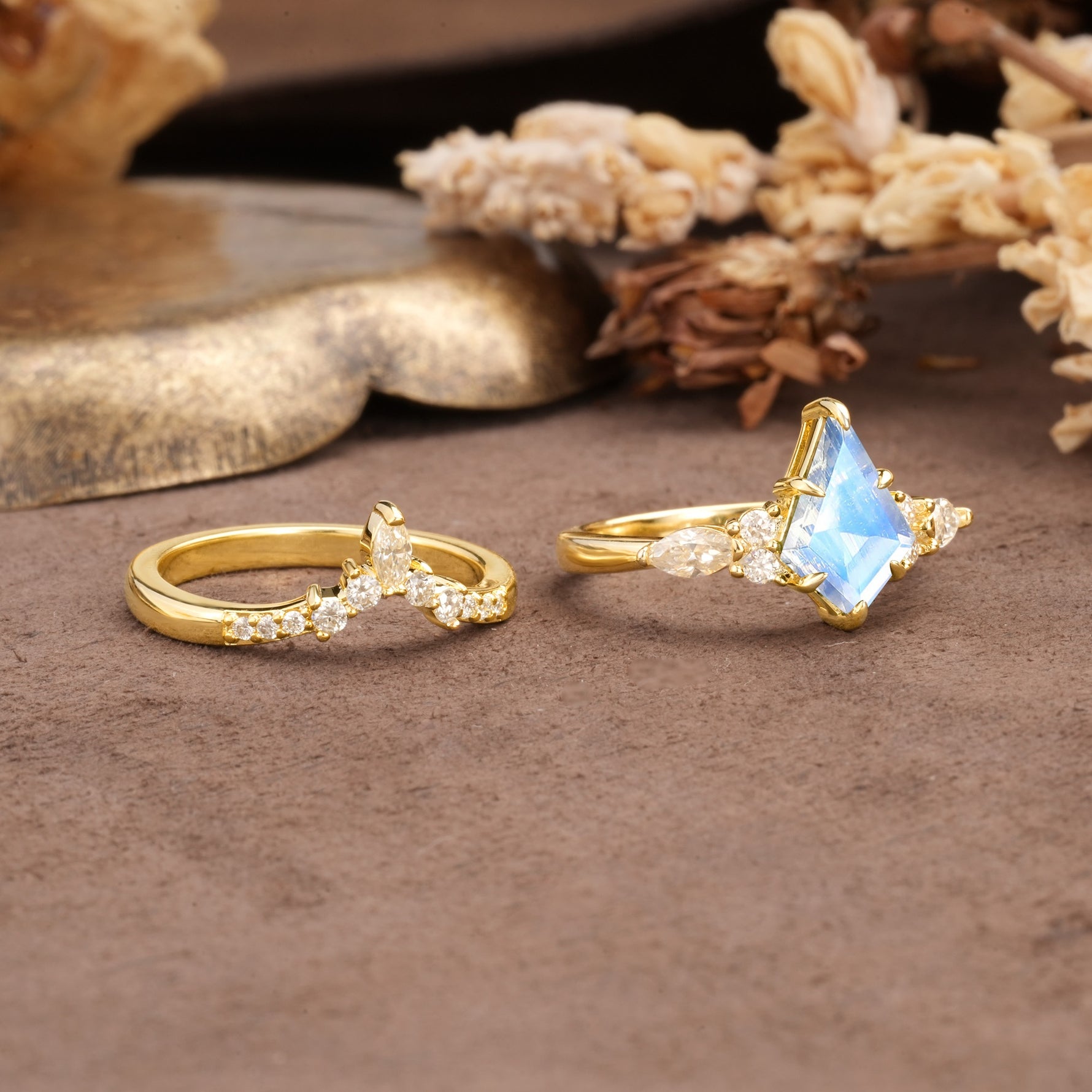 Vintage Milgrain Floral Kite Cut Moonstone Bridal ring set - Additional view