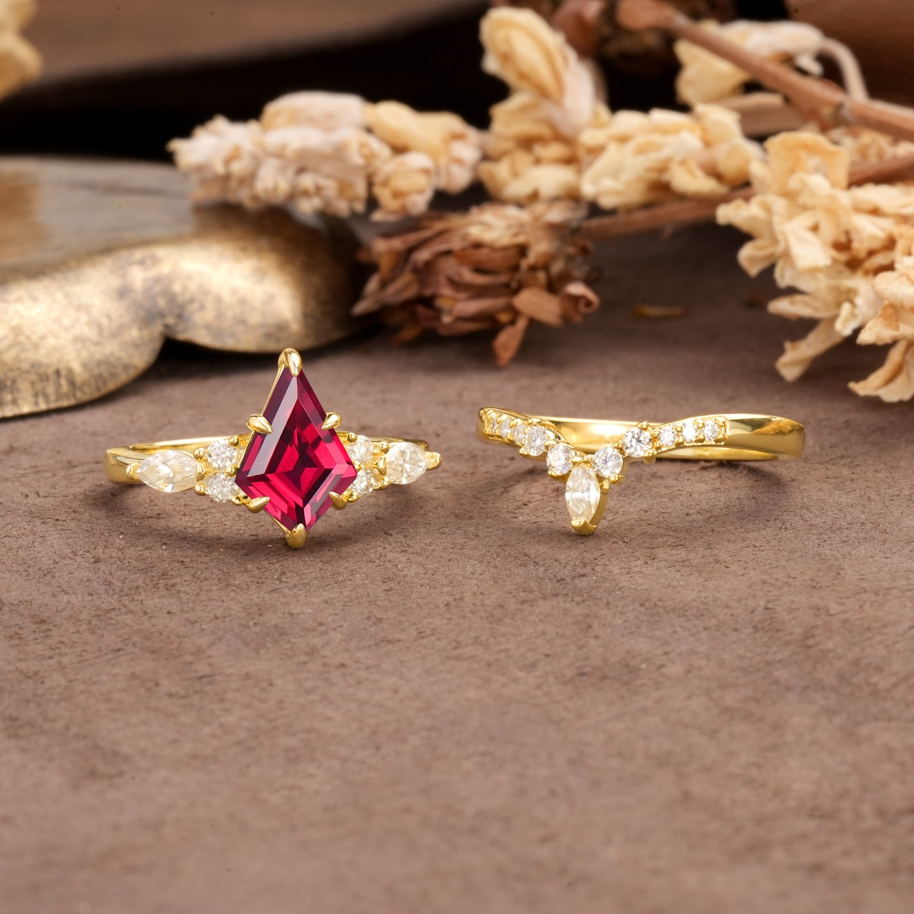 Vintage Milgrain Floral Kite Cut Ruby Bridal ring set - White-Gold