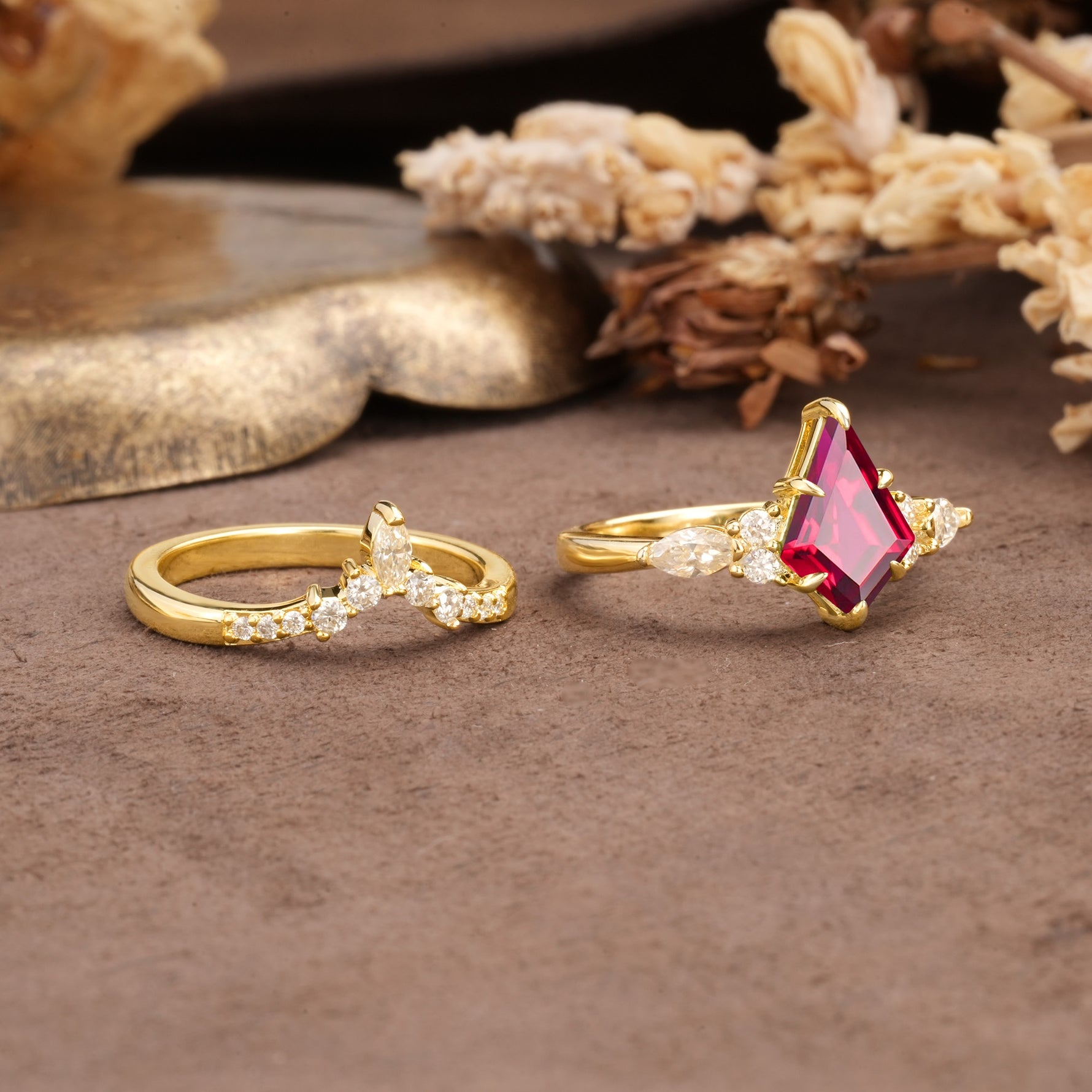 Vintage Milgrain Floral Kite Cut Ruby Bridal ring set - Additional view