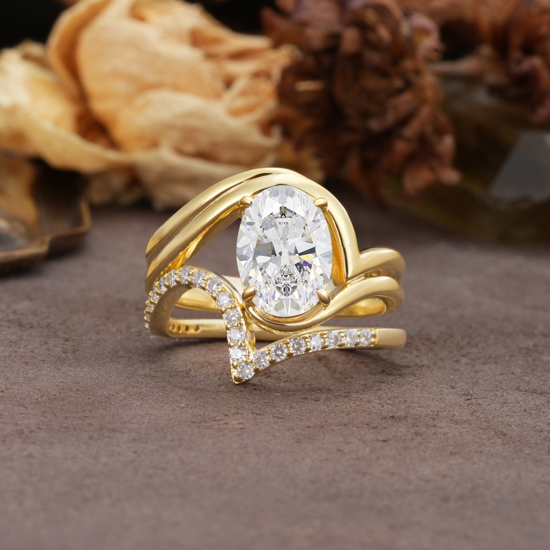 Unique Twisted, Entwined 4-Prong Oval-Cut Moissanite Bridal Ring Set - Yellow-Gold
