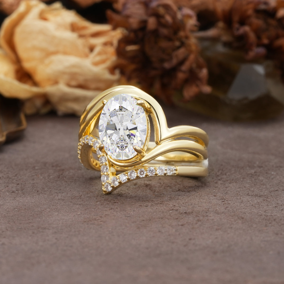 Unique Twisted, Entwined 4-Prong Oval-Cut Moissanite Bridal Ring Set - Rose-Gold