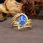 Unique Twisted, Entwined 4-Prong Oval-Cut Sapphire Bridal Ring Set - Yellow-Gold