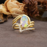 Unique Twisted, Entwined 4-Prong Oval-Cut Fire Opal Bridal Ring Set - Yellow-Gold
