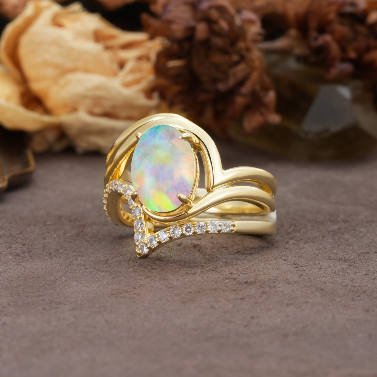 Unique Twisted, Entwined 4-Prong Oval-Cut Fire Opal Bridal Ring Set - Rose-Gold