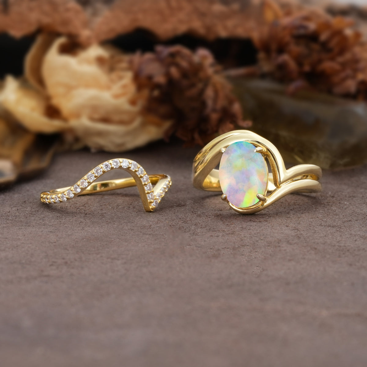 Unique Twisted, Entwined 4-Prong Oval-Cut Fire Opal Bridal Ring Set - White-Gold