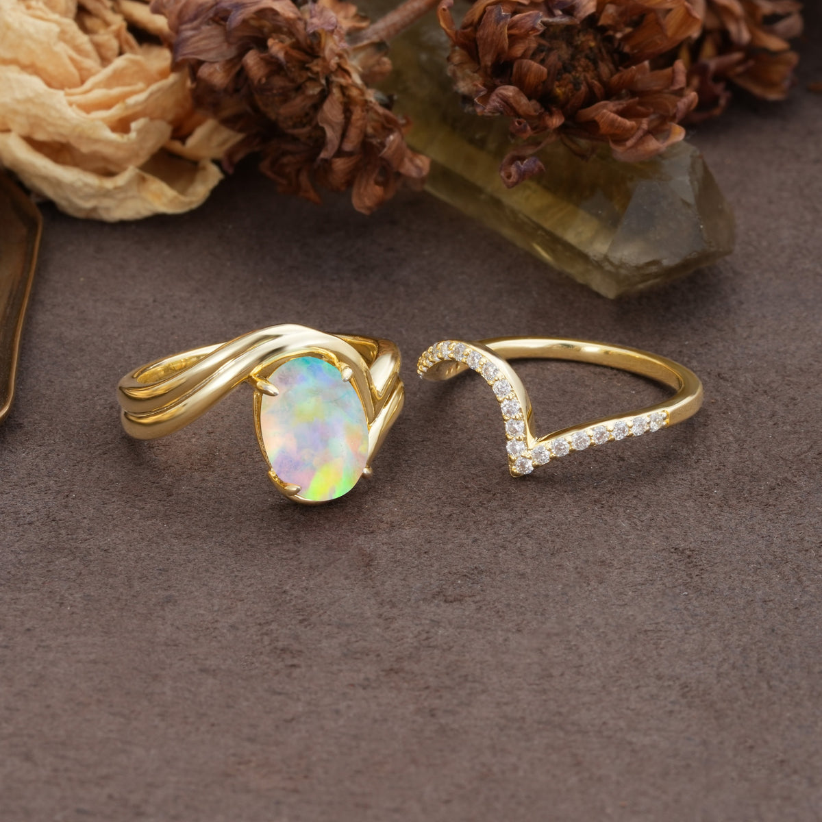 Unique Twisted, Entwined 4-Prong Oval-Cut Fire Opal Bridal Ring Set - Additional view