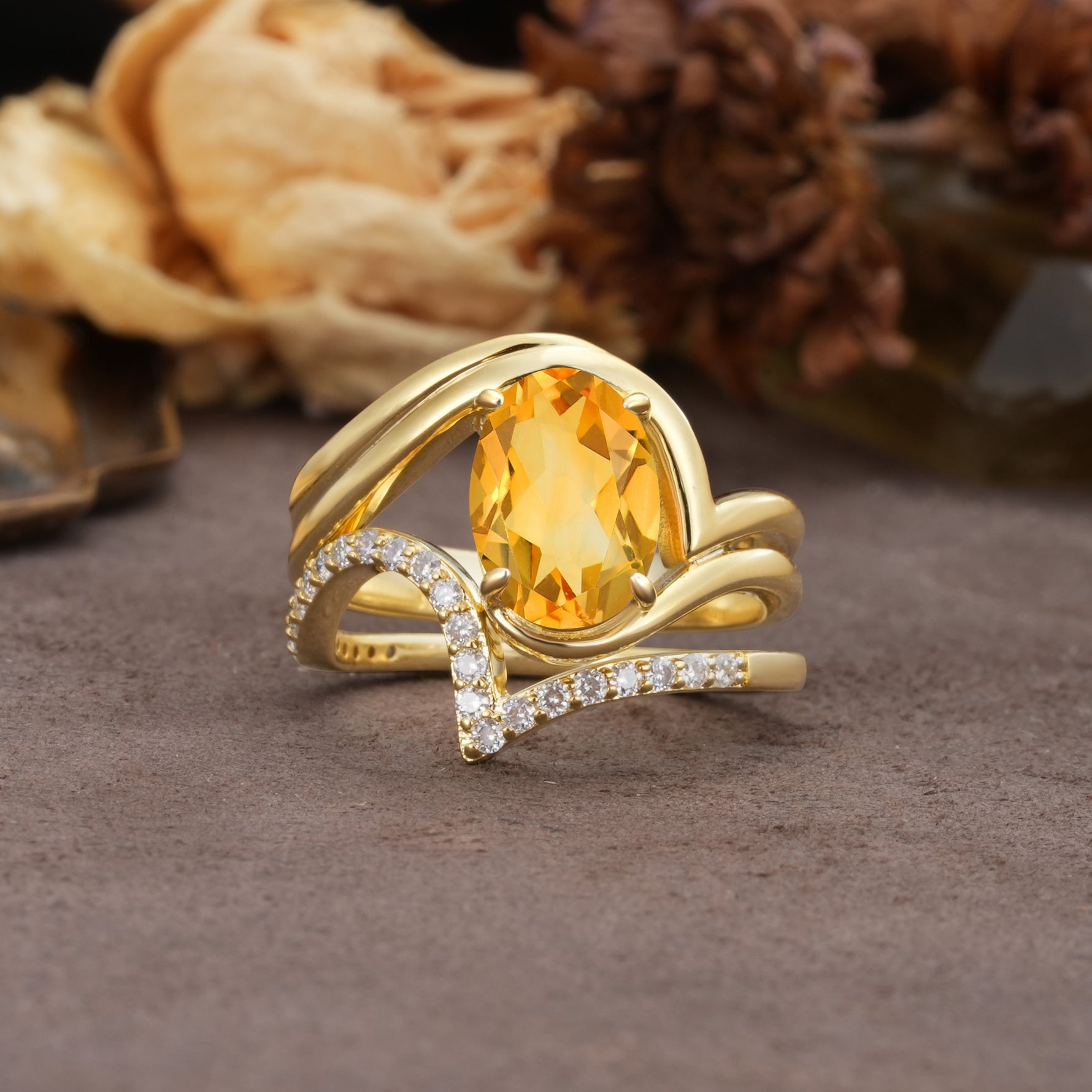 Unique Twisted, Entwined 4-Prong Oval-Cut Citrine Bridal Ring Set - Yellow-Gold