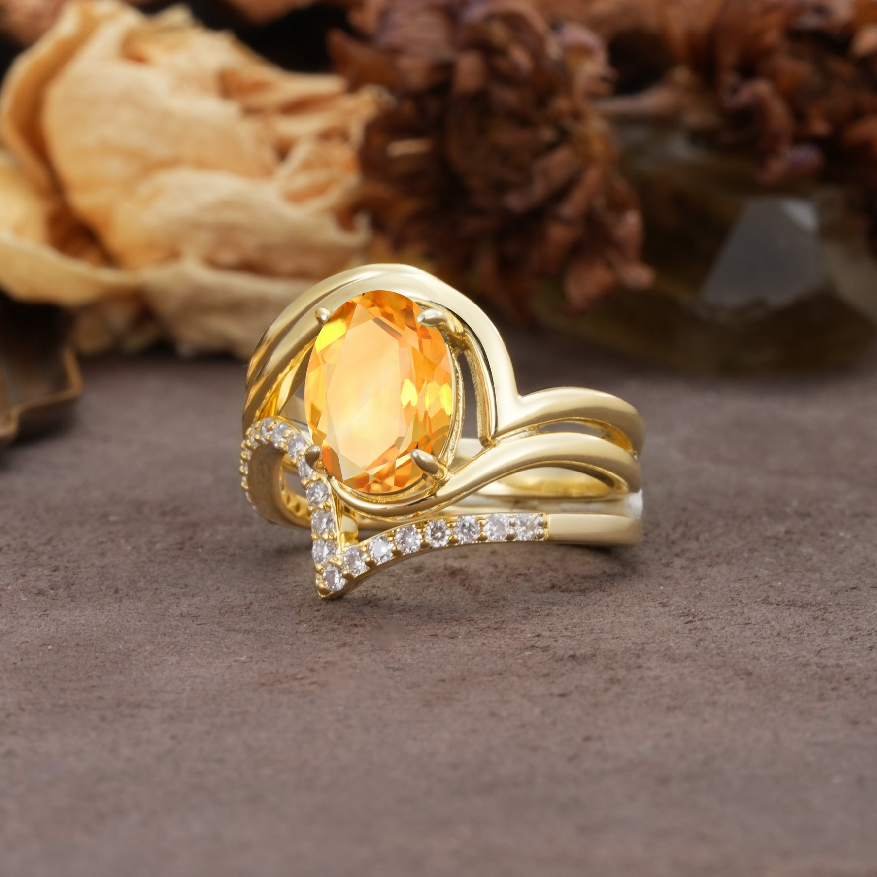 Unique Twisted, Entwined 4-Prong Oval-Cut Citrine Bridal Ring Set - Rose-Gold