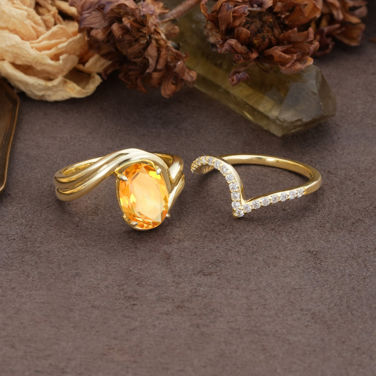 Unique Twisted, Entwined 4-Prong Oval-Cut Citrine Bridal Ring Set - Additional view