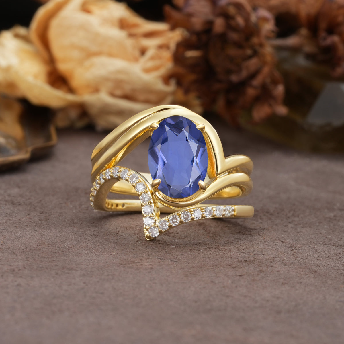 Unique Twisted, Entwined 4-Prong Oval-Cut Tanzanite Bridal Ring Set - Yellow-Gold