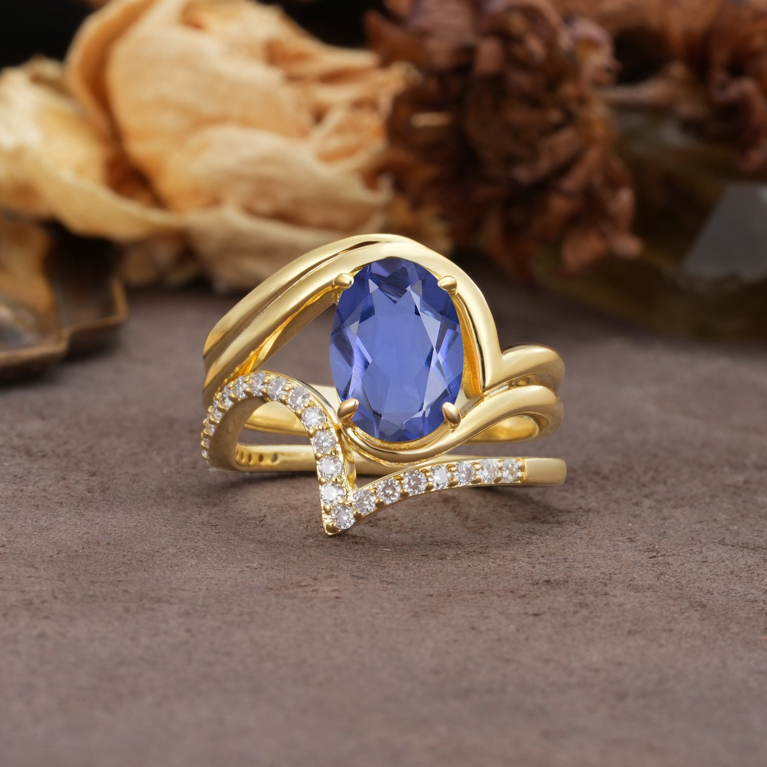 Unique Twisted, Entwined 4-Prong Oval-Cut Tanzanite Bridal Ring Set - Yellow-Gold