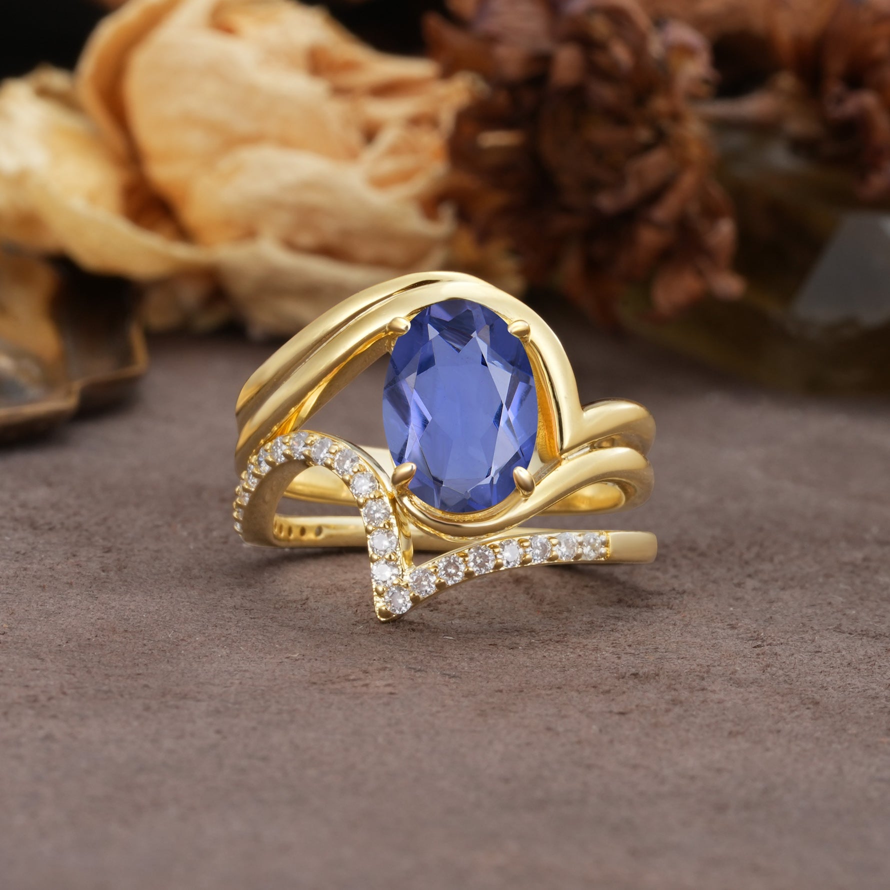 Unique Twisted, Entwined 4-Prong Oval-Cut Tanzanite Bridal Ring Set - Yellow-Gold
