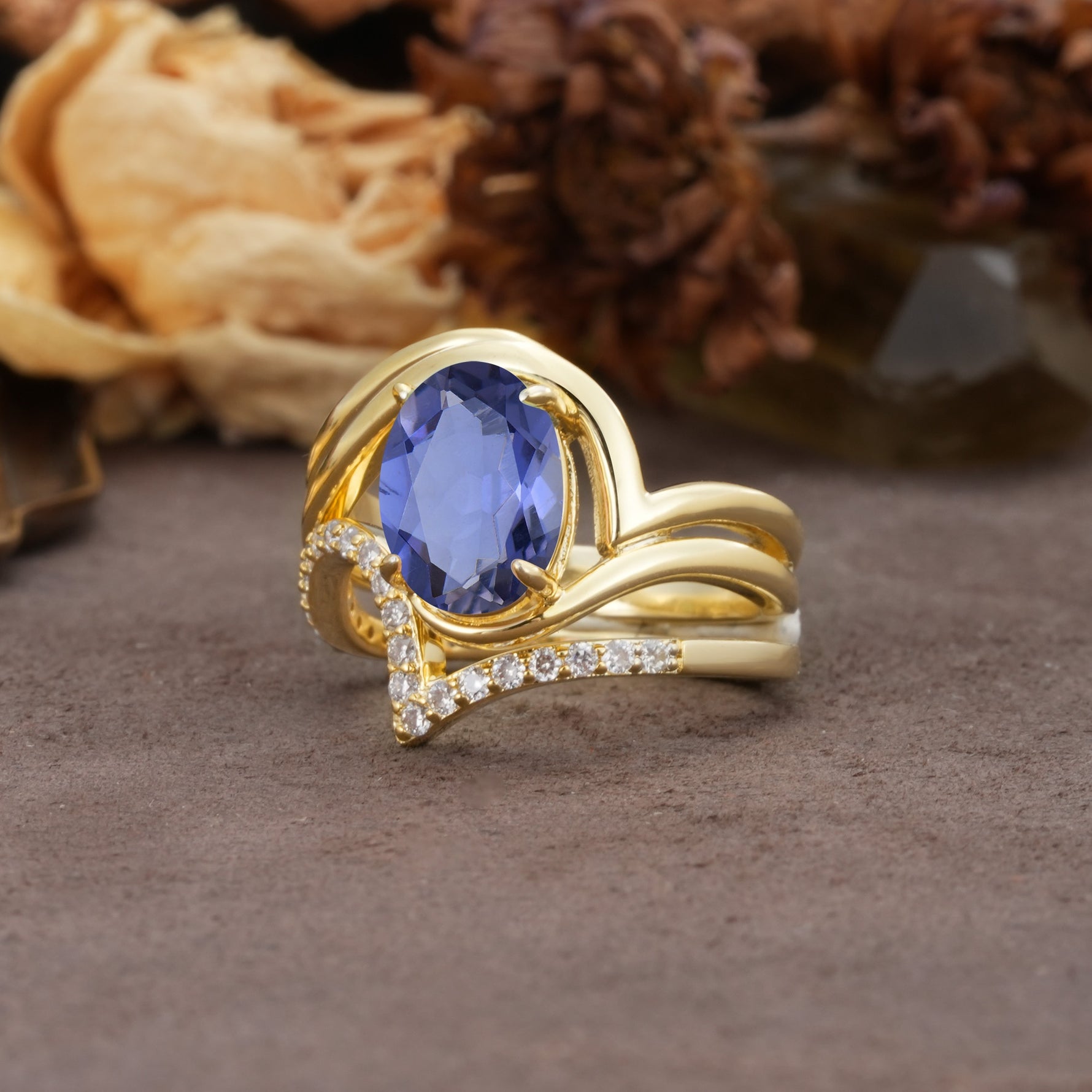Unique Twisted, Entwined 4-Prong Oval-Cut Tanzanite Bridal Ring Set - Rose-Gold