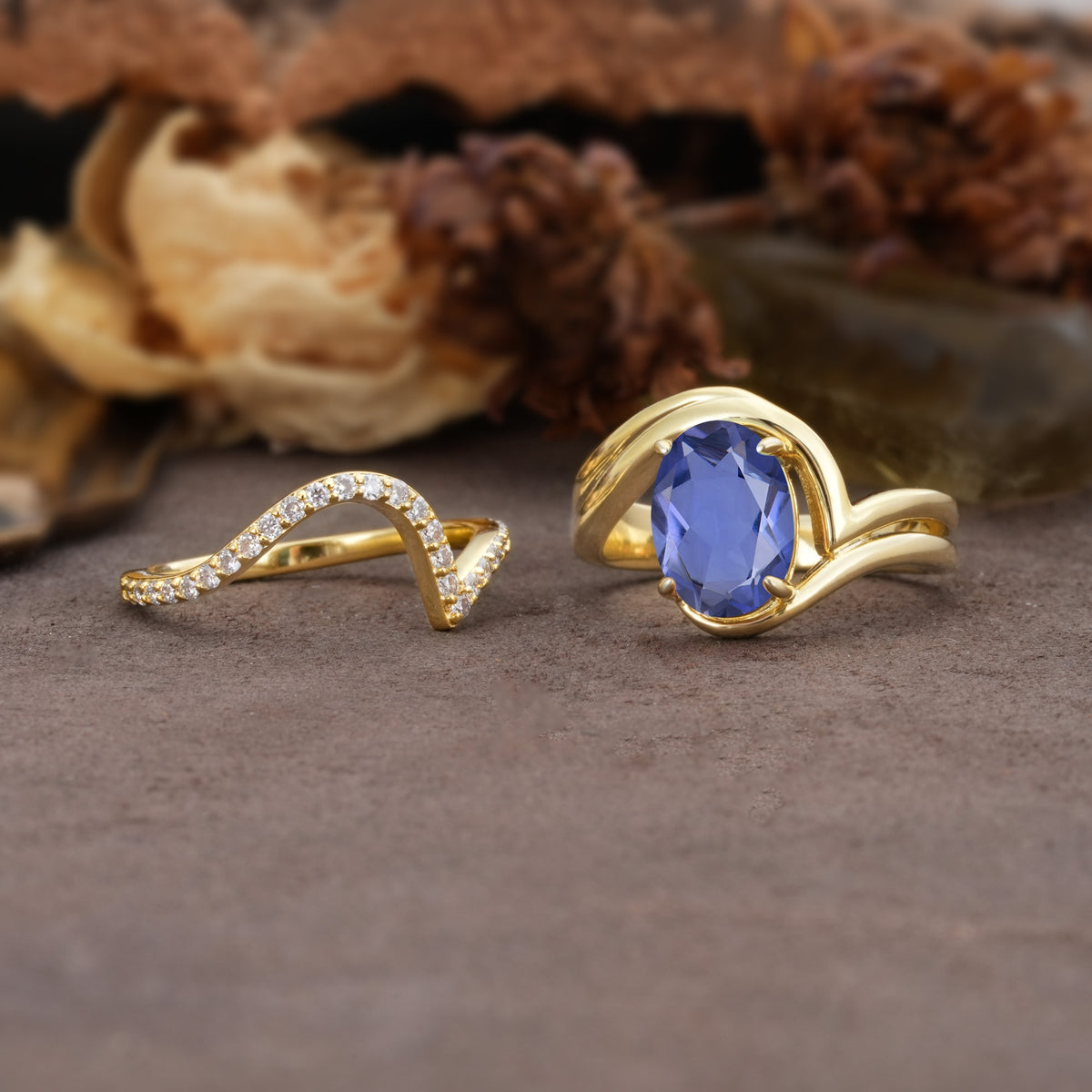 Unique Twisted, Entwined 4-Prong Oval-Cut Tanzanite Bridal Ring Set - White-Gold
