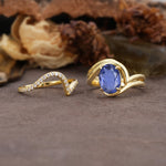 Unique Twisted, Entwined 4-Prong Oval-Cut Tanzanite Bridal Ring Set - White-Gold