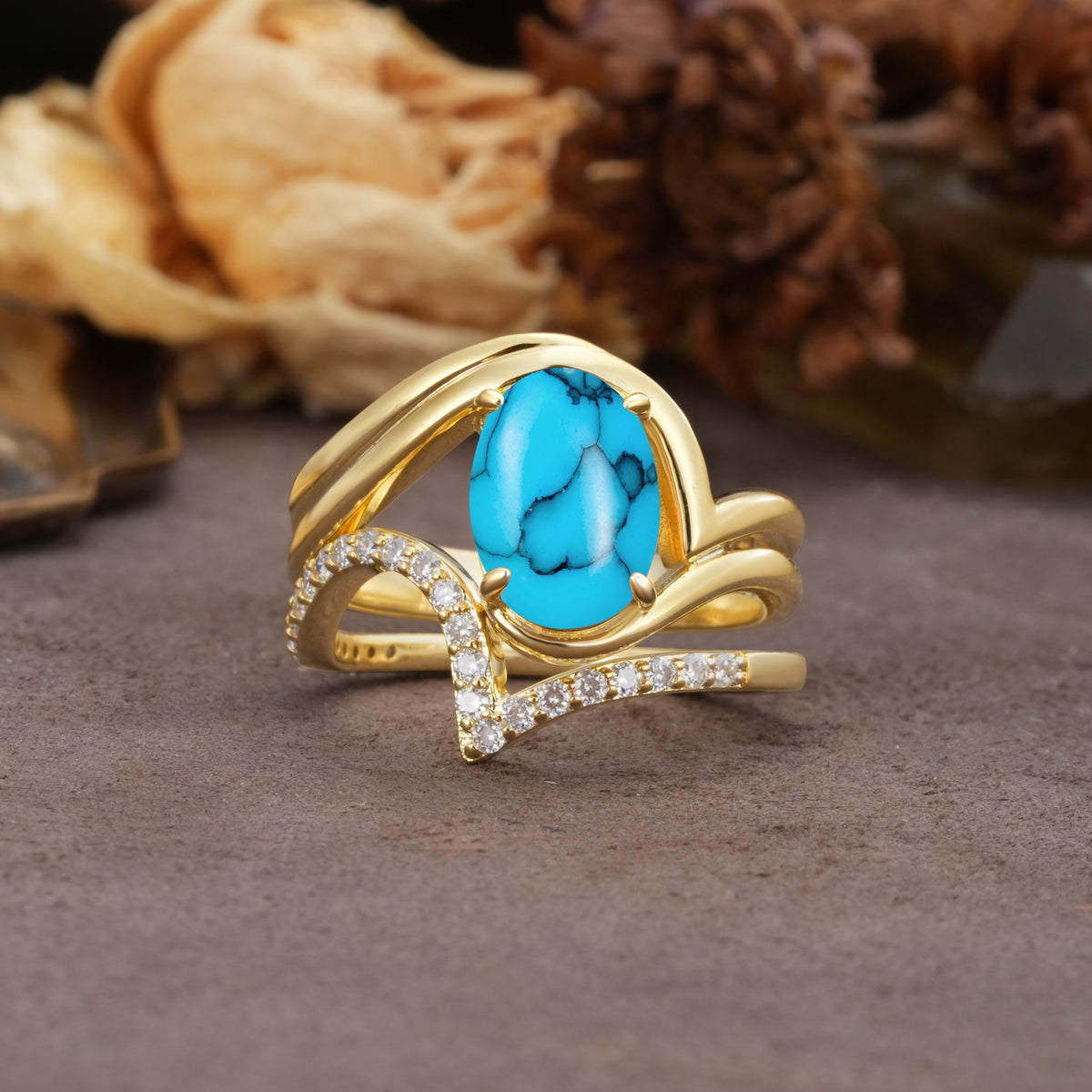 Unique Twisted, Entwined 4-Prong Oval-Cut Turquoise Bridal Ring Set - Yellow-Gold