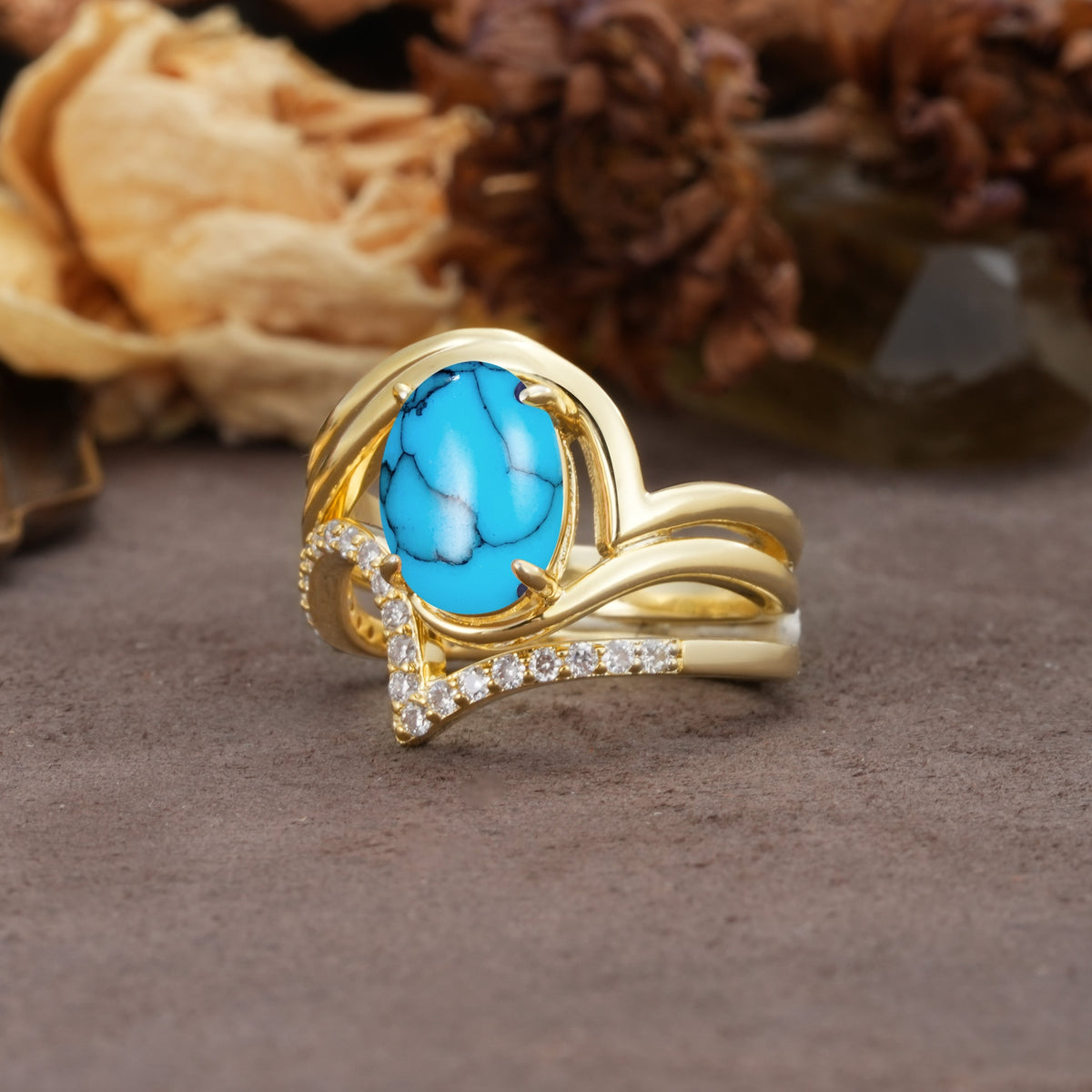 Unique Twisted, Entwined 4-Prong Oval-Cut Turquoise Bridal Ring Set - Rose-Gold