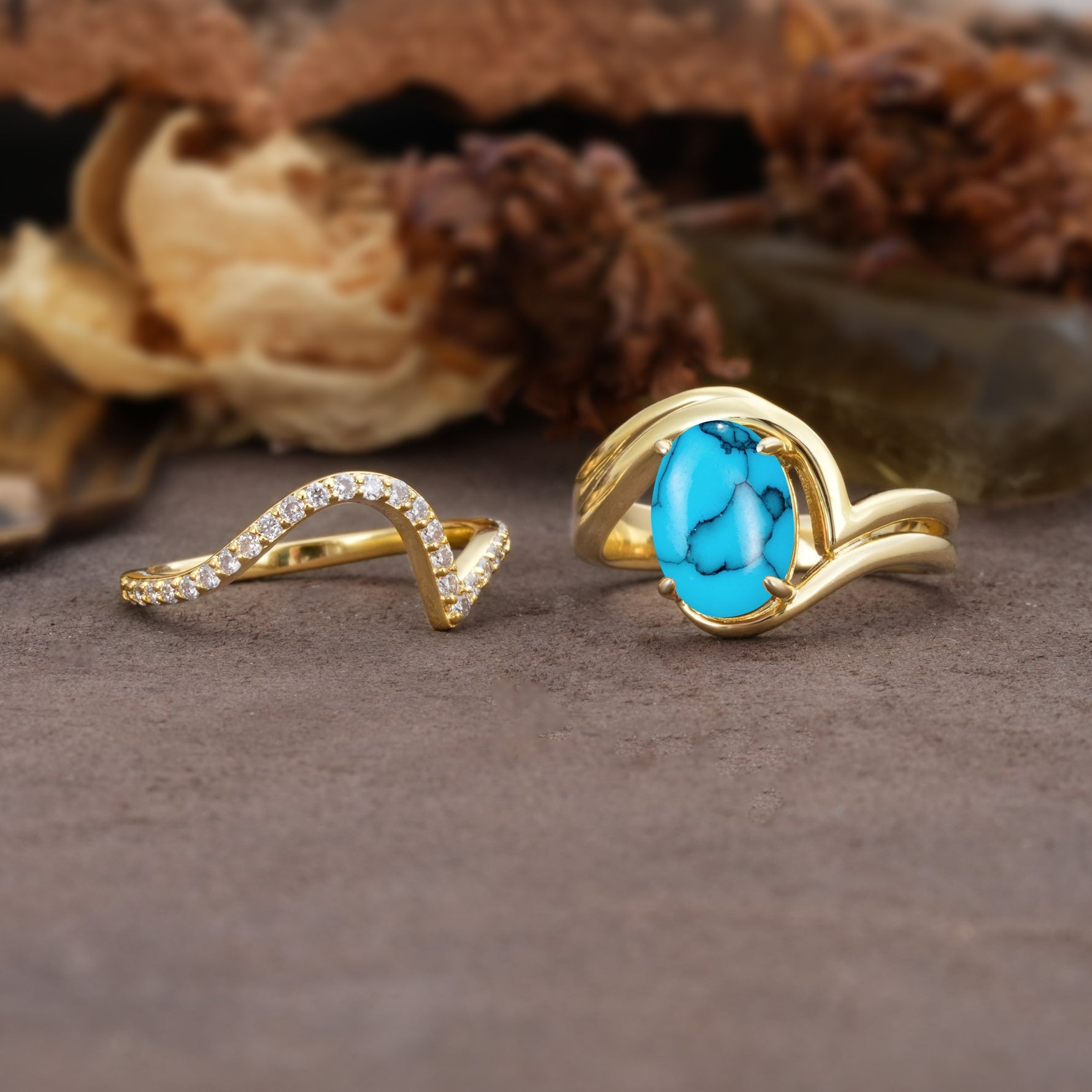 Unique Twisted, Entwined 4-Prong Oval-Cut Turquoise Bridal Ring Set - White-Gold