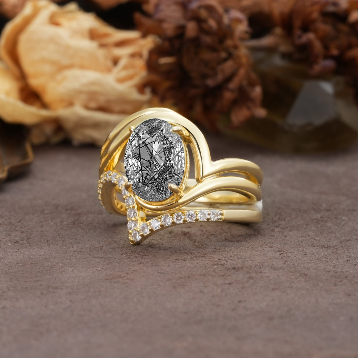 Unique Twisted, Entwined 4-Prong Oval-Cut Black Rutilated Quartz Bridal Ring Set - Rose-Gold