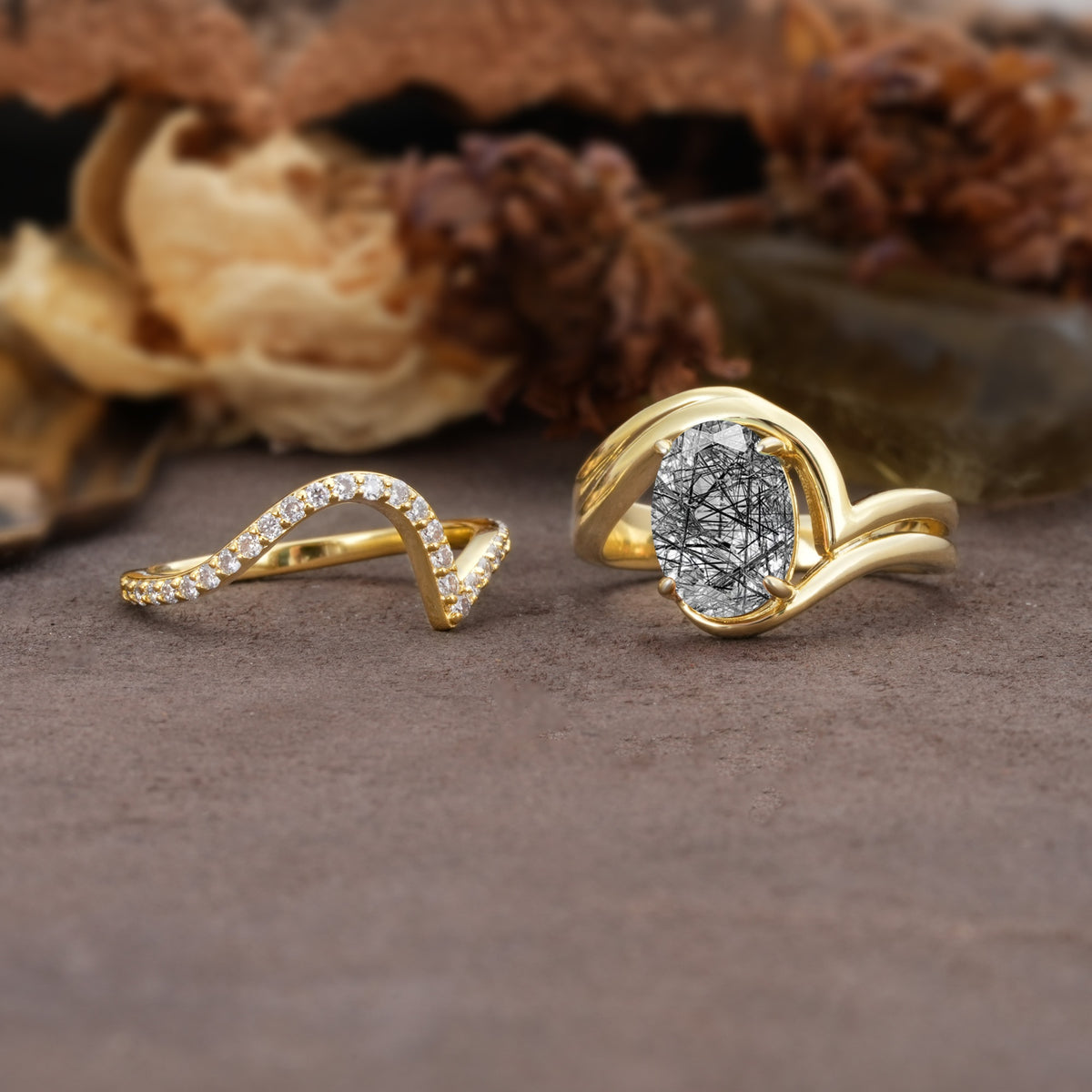 Unique Twisted, Entwined 4-Prong Oval-Cut Black Rutilated Quartz Bridal Ring Set - White-Gold