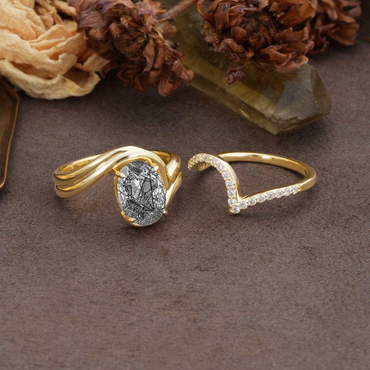 Unique Twisted, Entwined 4-Prong Oval-Cut Black Rutilated Quartz Bridal Ring Set - Additional view