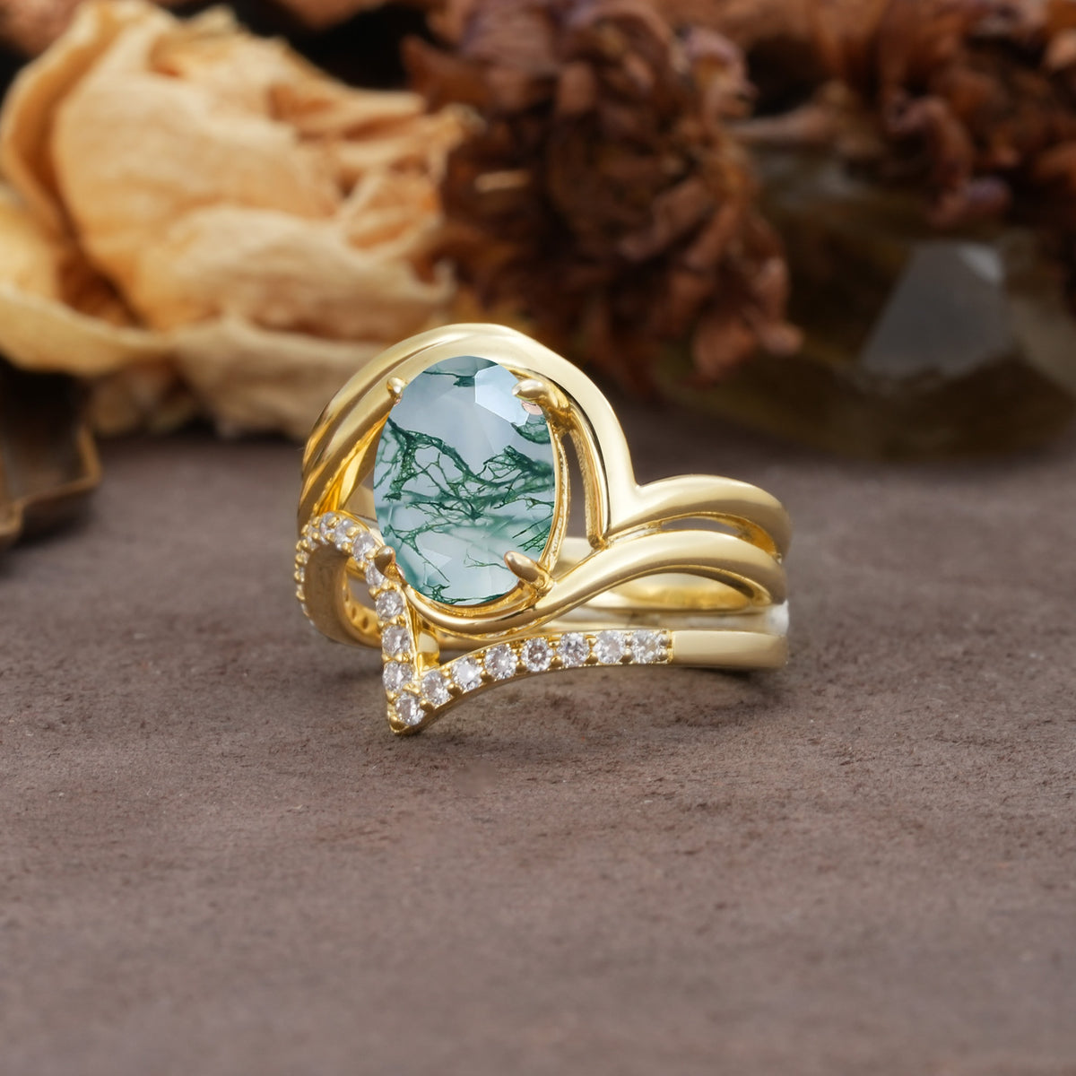 Unique Twisted, Entwined 4-Prong Oval-Cut Moss Agate Bridal Ring Set - Rose-Gold