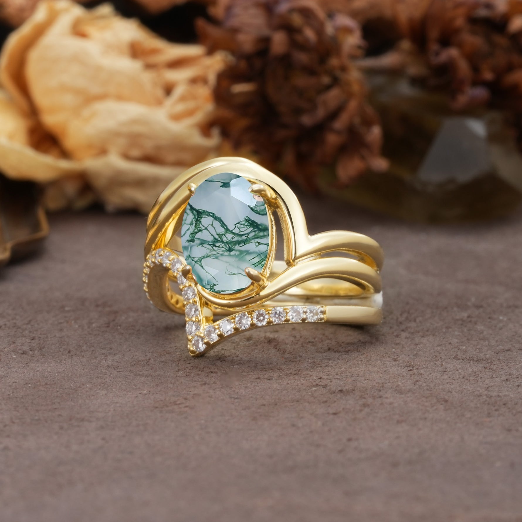 Unique Twisted, Entwined 4-Prong Oval-Cut Moss Agate Bridal Ring Set - Rose-Gold